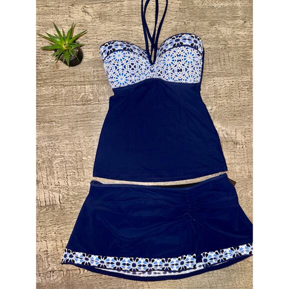 Gottex Blue Mosaic Tankini Swimdress Skirt Set Sz 8 | Retro Chic Modest Swimsuit - Picture 5 of 8